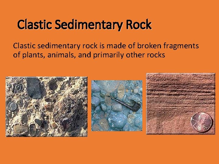 Clastic Sedimentary Rock Clastic sedimentary rock is made of broken fragments of plants, animals,