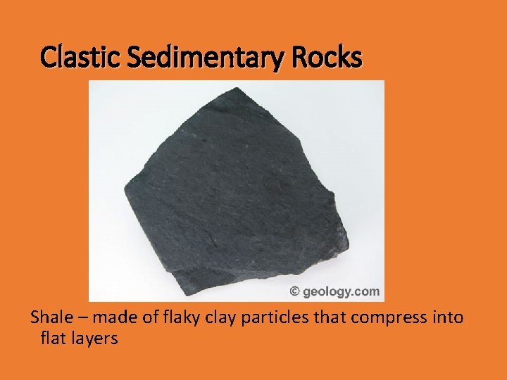 Clastic Sedimentary Rocks Shale – made of flaky clay particles that compress into flat