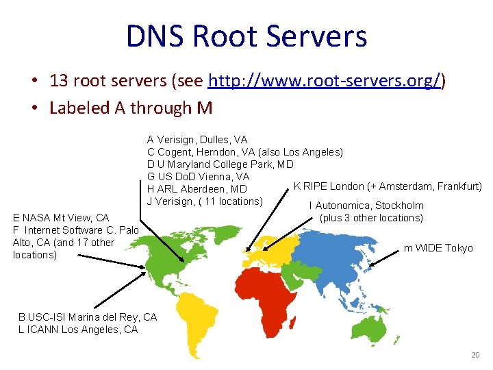 DNS Root Servers • 13 root servers (see http: //www. root-servers. org/) • Labeled