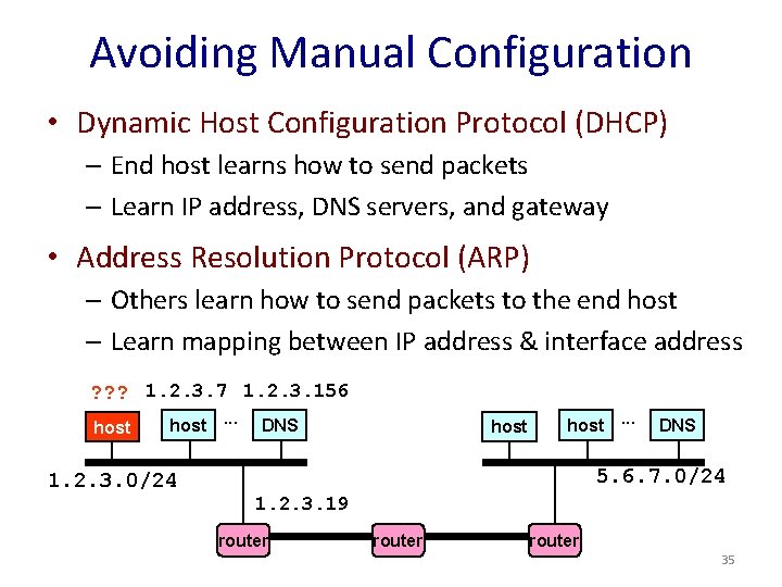 Avoiding Manual Configuration • Dynamic Host Configuration Protocol (DHCP) – End host learns how