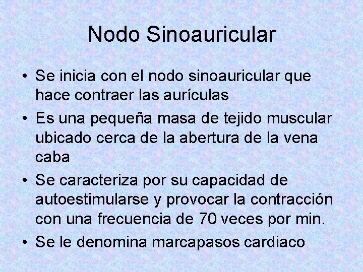 Nodo Sinoauricular • Se inicia con el nodo sinoauricular que hace contraer las aurículas