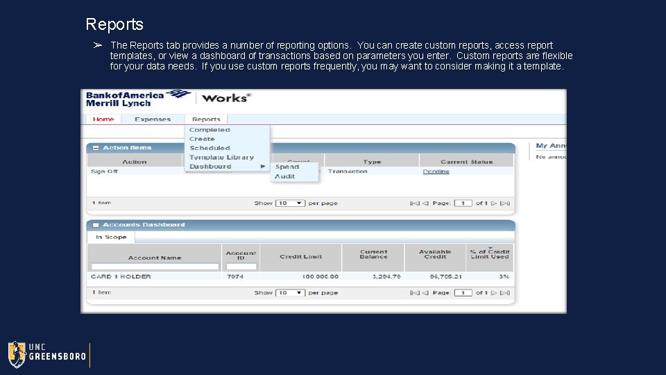 Reports ➢ The Reports tab provides a number of reporting options. You can create