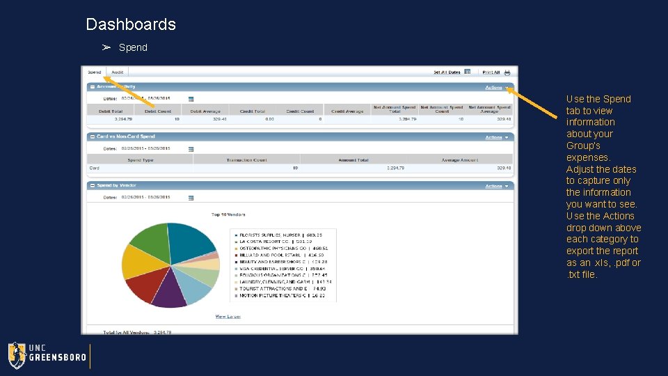 Dashboards ➢ Spend Use the Spend tab to view information about your Group’s expenses.