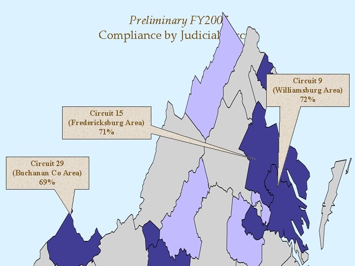 Preliminary FY 2007 Compliance by Judicial Circuit 9 (Williamsburg Area) 72% Circuit 15 (Fredericksburg