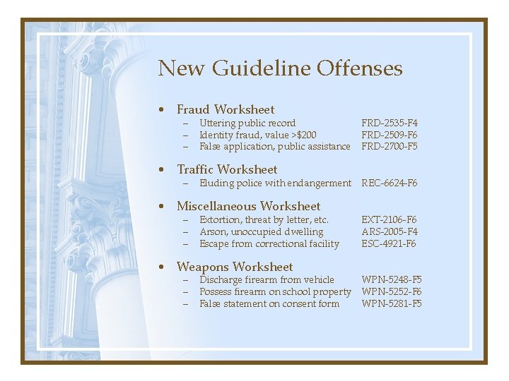 New Guideline Offenses • Fraud Worksheet – – – Uttering public record Identity fraud,