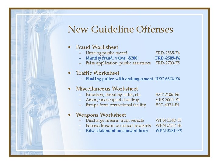 New Guideline Offenses • Fraud Worksheet – – – Uttering public record Identity fraud,