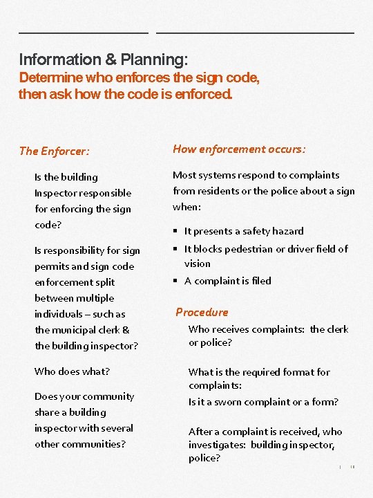 Information & Planning: Determine who enforces the sign code, then ask how the code Information & Planning: Determine who enforces the sign code, then ask how the code
