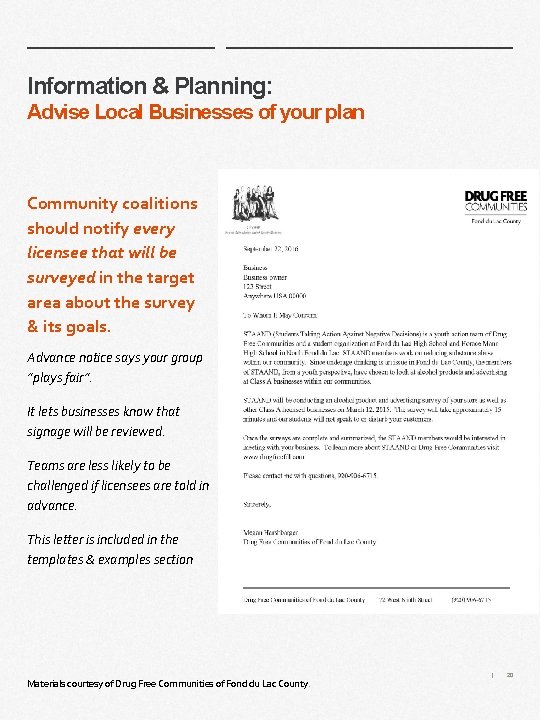 Information & Planning: Advise Local Businesses of your plan Community coalitions should notify every Information & Planning: Advise Local Businesses of your plan Community coalitions should notify every