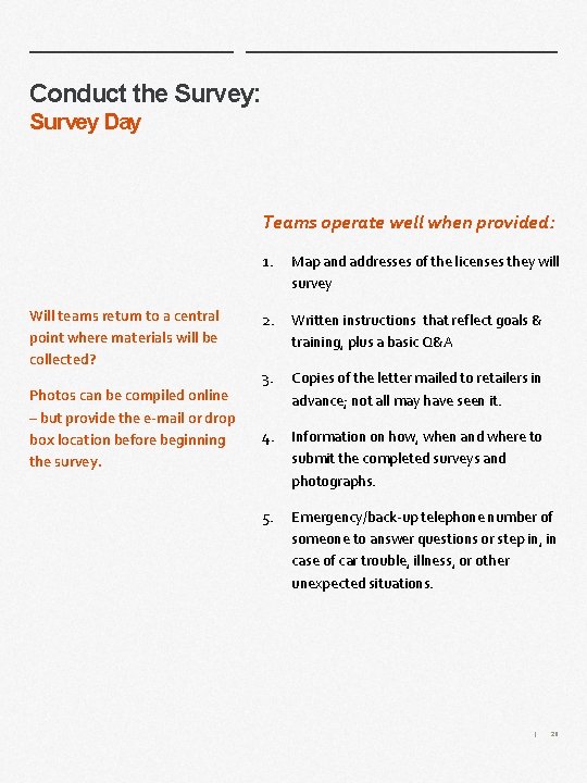 Conduct the Survey: Survey Day Teams operate well when provided: Will teams return to Conduct the Survey: Survey Day Teams operate well when provided: Will teams return to