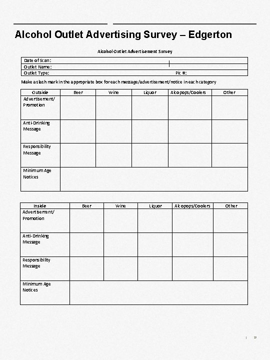 Alcohol Outlet Advertising Survey – Edgerton Alcohol Outlet Advertisement Survey Date of Scan: Outlet Alcohol Outlet Advertising Survey – Edgerton Alcohol Outlet Advertisement Survey Date of Scan: Outlet