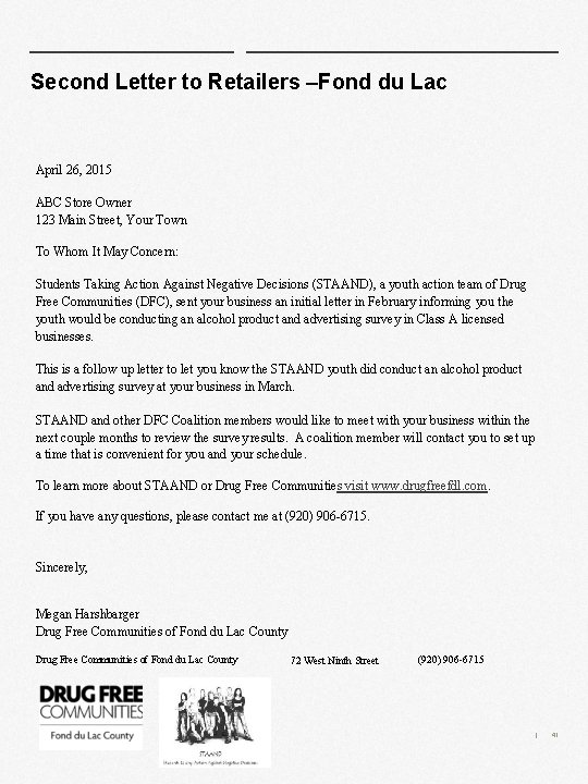 Second Letter to Retailers –Fond du Lac April 26, 2015 ABC Store Owner 123 Second Letter to Retailers –Fond du Lac April 26, 2015 ABC Store Owner 123