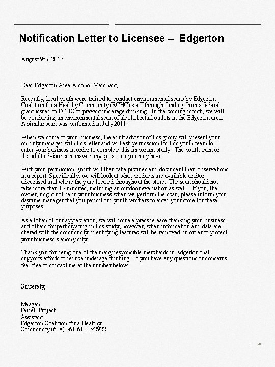 Notification Letter to Licensee – Edgerton August 9 th, 2013 Dear Edgerton Area Alcohol Notification Letter to Licensee – Edgerton August 9 th, 2013 Dear Edgerton Area Alcohol