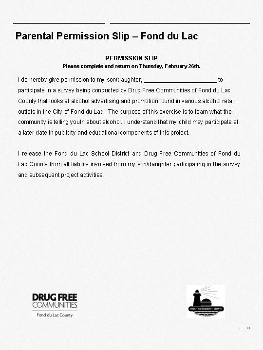 Parental Permission Slip – Fond du Lac PERMISSION SLIP Please complete and return on Parental Permission Slip – Fond du Lac PERMISSION SLIP Please complete and return on