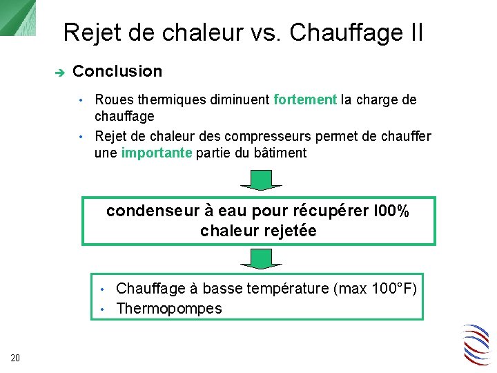 Rejet de chaleur vs. Chauffage II Conclusion Roues thermiques diminuent fortement la charge de