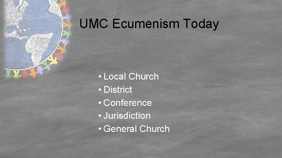 UMC Ecumenism Today • Local Church • District • Conference • Jurisdiction • General