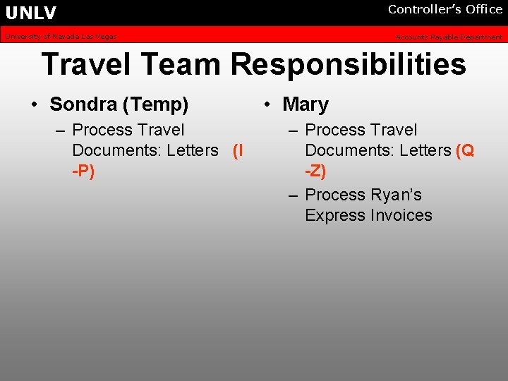 UNLV Controller’s Office University of Nevada Las Vegas Accounts Payable Department Travel Team Responsibilities