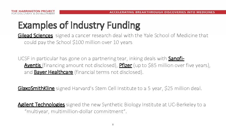 Examples of Industry Funding Gilead Sciences signed a cancer research deal with the Yale