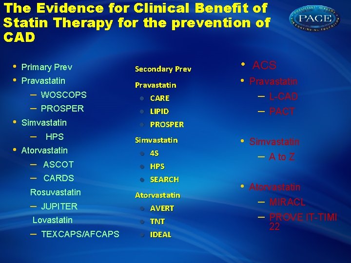 The Evidence for Clinical Benefit of Statin Therapy for the prevention of CAD •