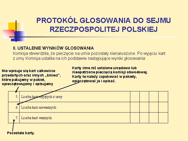 PROTOKÓŁ GŁOSOWANIA DO SEJMU RZECZPOSPOLITEJ POLSKIEJ II. USTALENIE WYNIKÓW GŁOSOWANIA Komisja stwierdziła, że pieczęcie