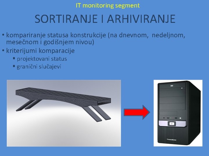 IT monitoring segment SORTIRANJE I ARHIVIRANJE • kompariranje statusa konstrukcije (na dnevnom, nedeljnom, mesečnom IT monitoring segment SORTIRANJE I ARHIVIRANJE • kompariranje statusa konstrukcije (na dnevnom, nedeljnom, mesečnom