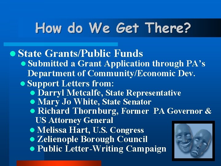 How do We Get There? l State Grants/Public Funds l Submitted a Grant Application