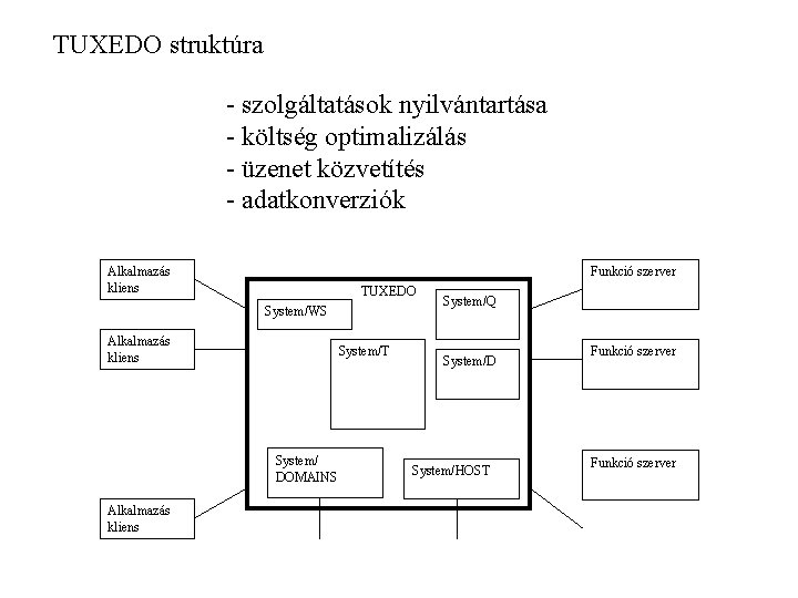 TUXEDO struktúra - szolgáltatások nyilvántartása - költség optimalizálás - üzenet közvetítés - adatkonverziók Alkalmazás