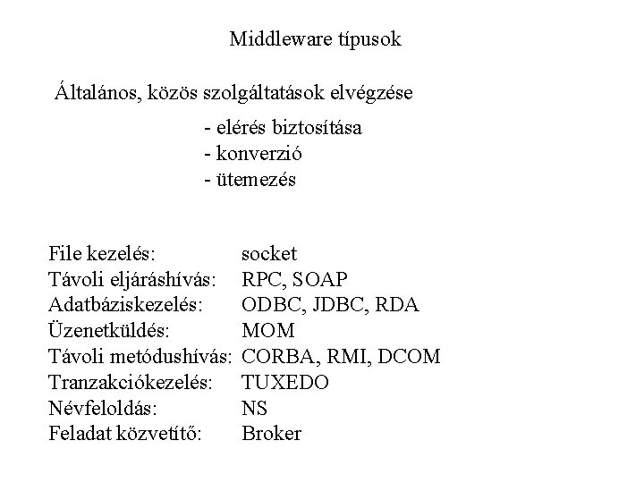 Middleware típusok Általános, közös szolgáltatások elvégzése - elérés biztosítása - konverzió - ütemezés File