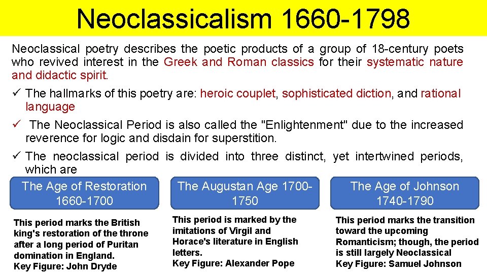 Neoclassicalism 1660 -1798 Neoclassical poetry describes the poetic products of a group of 18