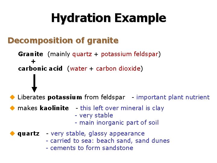Hydration Example Decomposition of granite Granite (mainly quartz + potassium feldspar) + carbonic acid Hydration Example Decomposition of granite Granite (mainly quartz + potassium feldspar) + carbonic acid