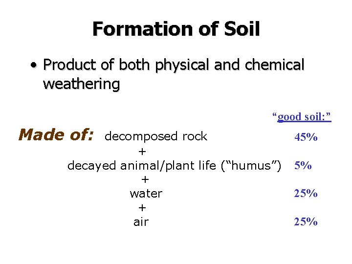 Formation of Soil • Product of both physical and chemical weathering “good soil: ” Formation of Soil • Product of both physical and chemical weathering “good soil: ”