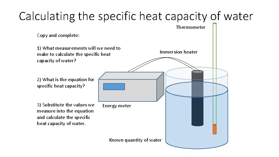 Calculating the specific heat capacity of water Thermometer Copy and complete: 1) What measurements Calculating the specific heat capacity of water Thermometer Copy and complete: 1) What measurements