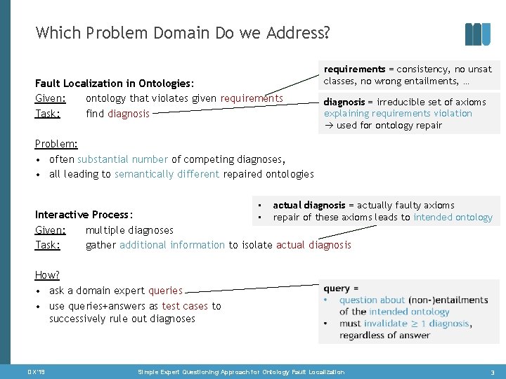 Which Problem Domain Do we Address? Fault Localization in Ontologies: Given: ontology that violates