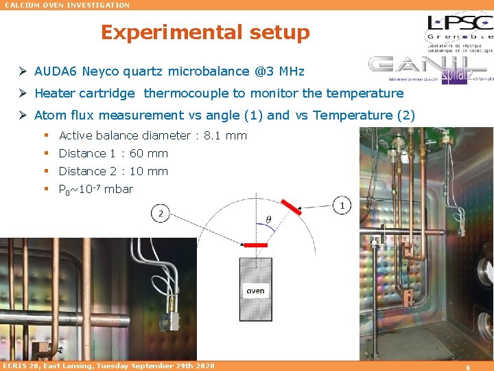 CALCIUM OVEN INVESTIGATION Experimental setup Ø AUDA 6 Neyco quartz microbalance @3 MHz Ø