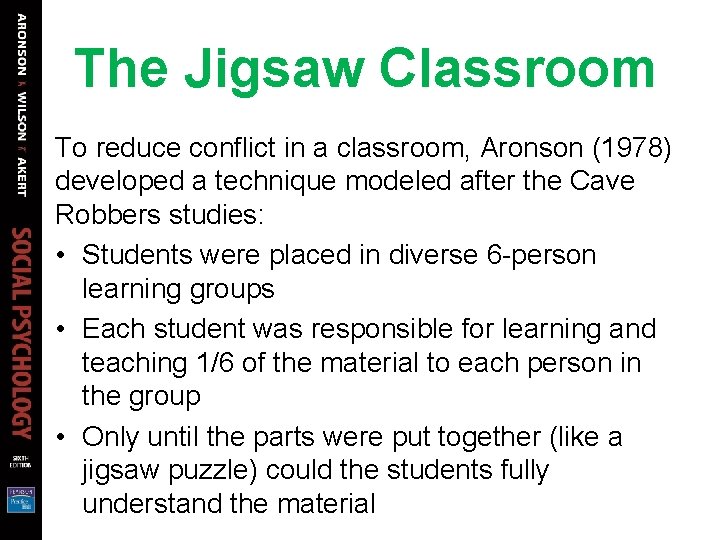 The Jigsaw Classroom To reduce conflict in a classroom, Aronson (1978) developed a technique