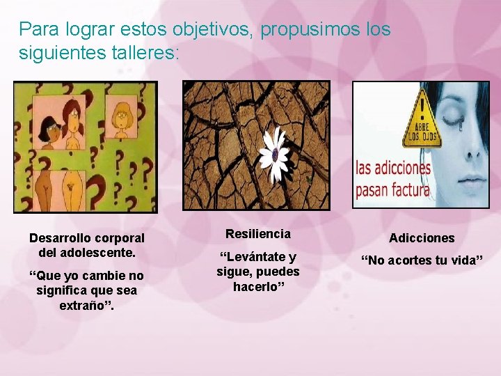 Para lograr estos objetivos, propusimos los siguientes talleres: Desarrollo corporal del adolescente. “Que yo