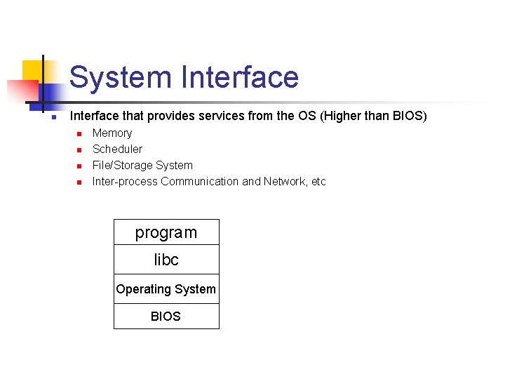 System Interface n Interface that provides services from the OS (Higher than BIOS) n