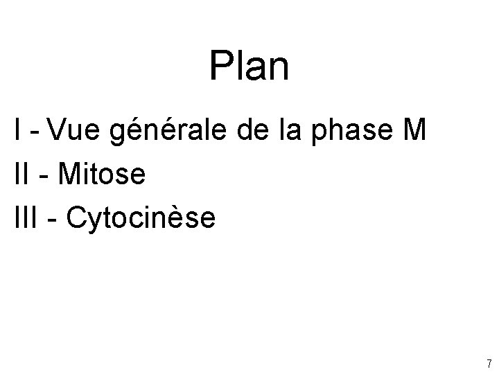 Plan I - Vue générale de la phase M II - Mitose III -