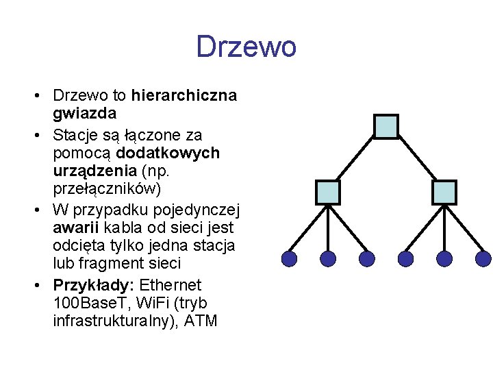 Drzewo • Drzewo to hierarchiczna gwiazda • Stacje są łączone za pomocą dodatkowych urządzenia