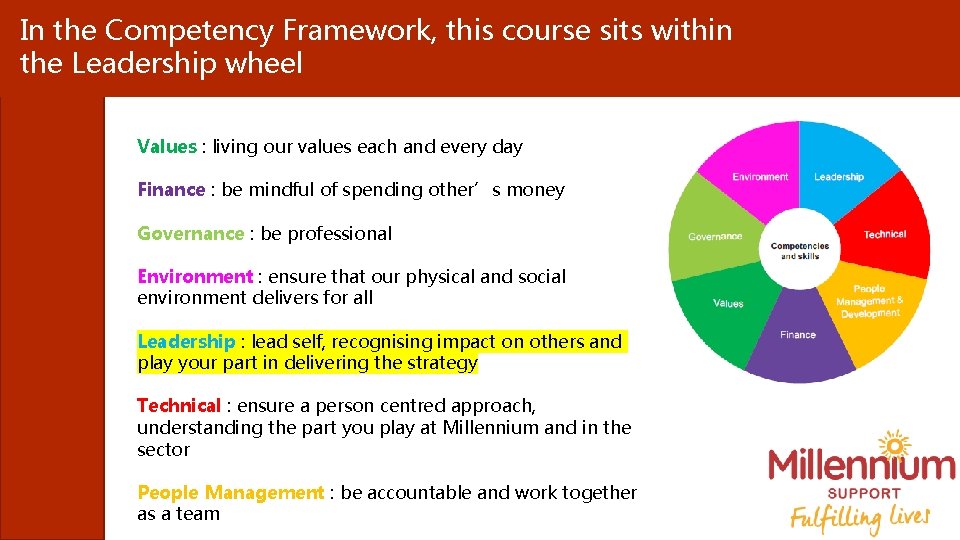 In the Competency Framework, this course sits within the Leadership wheel Values : living