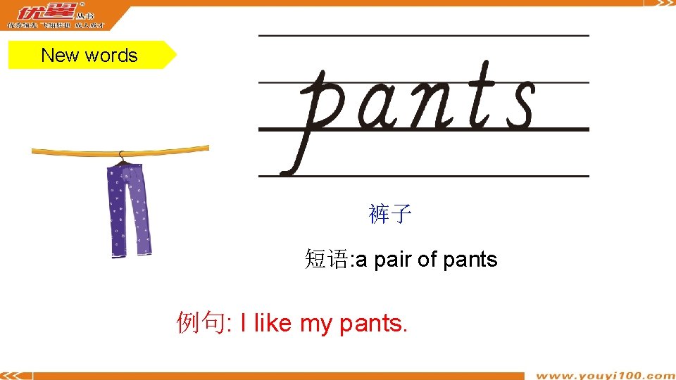 New words 裤子 短语: a pair of pants 例句: I like my pants. 