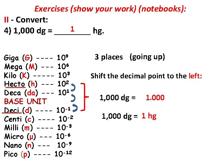 Exercises (show your work) (notebooks): II - Convert: 1 4) 1, 000 dg =