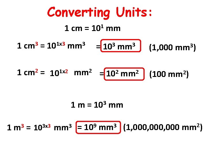 Converting Units: 1 cm = 101 mm 1 cm 3 = 101 x 3