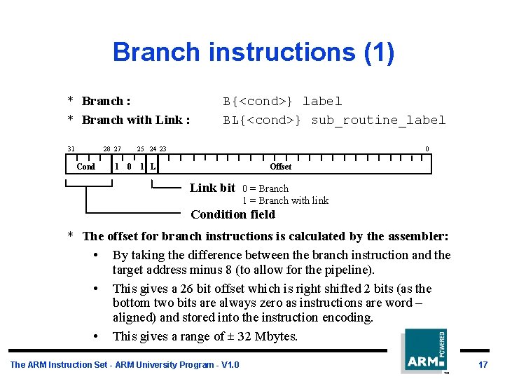 Branch instructions (1) * Branch : * Branch with Link : 31 28 27