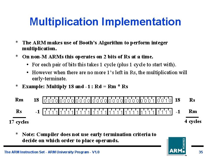 Multiplication Implementation * The ARM makes use of Booth’s Algorithm to perform integer multiplication.