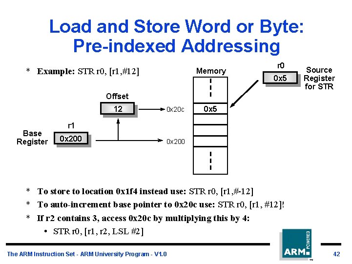 Load and Store Word or Byte: Pre-indexed Addressing * Example: STR r 0, [r