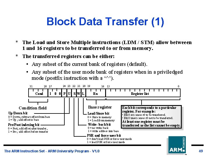 Block Data Transfer (1) * The Load and Store Multiple instructions (LDM / STM)