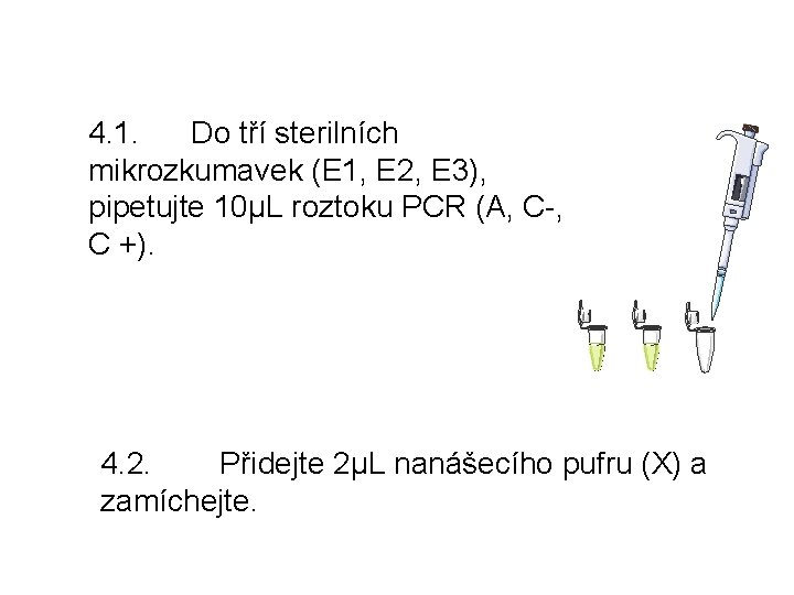 4. 1. Do tří sterilních mikrozkumavek (E 1, E 2, E 3), pipetujte 10μL
