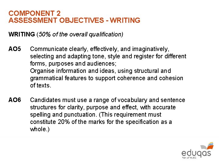 COMPONENT 2 ASSESSMENT OBJECTIVES - WRITING (50% of the overall qualification) AO 5 Communicate