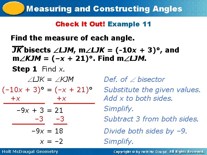 Measuring and Constructing Angles Check It Out! Example 11 Find the measure of each