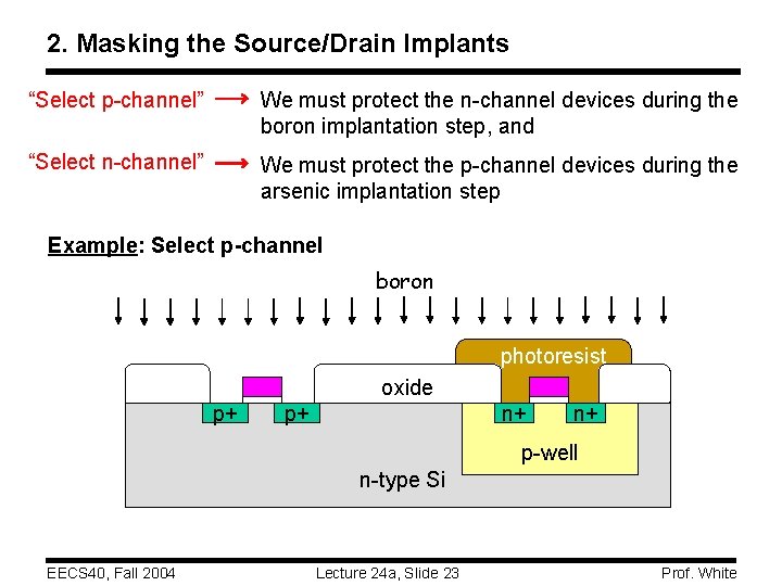 2. Masking the Source/Drain Implants “Select p-channel” We must protect the n-channel devices during